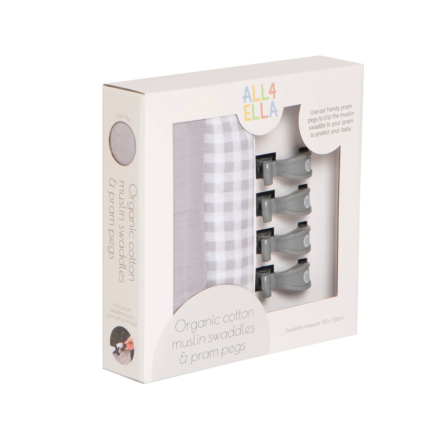 Organic Swaddles & 4pk Pram Pegs Gift Set - Gingham Grey