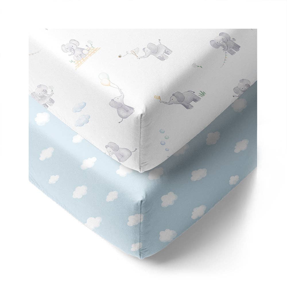 2 Pack Organic Cot Fitted Sheet - Elephant Playtime
