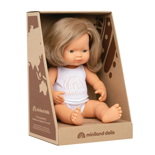 Miniland - Baby Doll - Caucasian Dark Blonde Girl 38cm - Anatomically correct