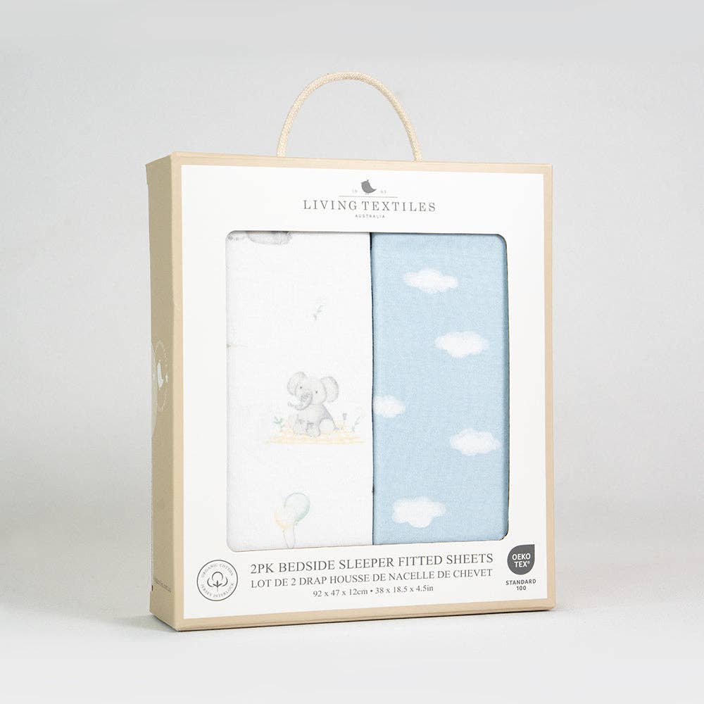 2 Pack Organic Bedside Sleeper Fitted Sheet - Elephant Playtime