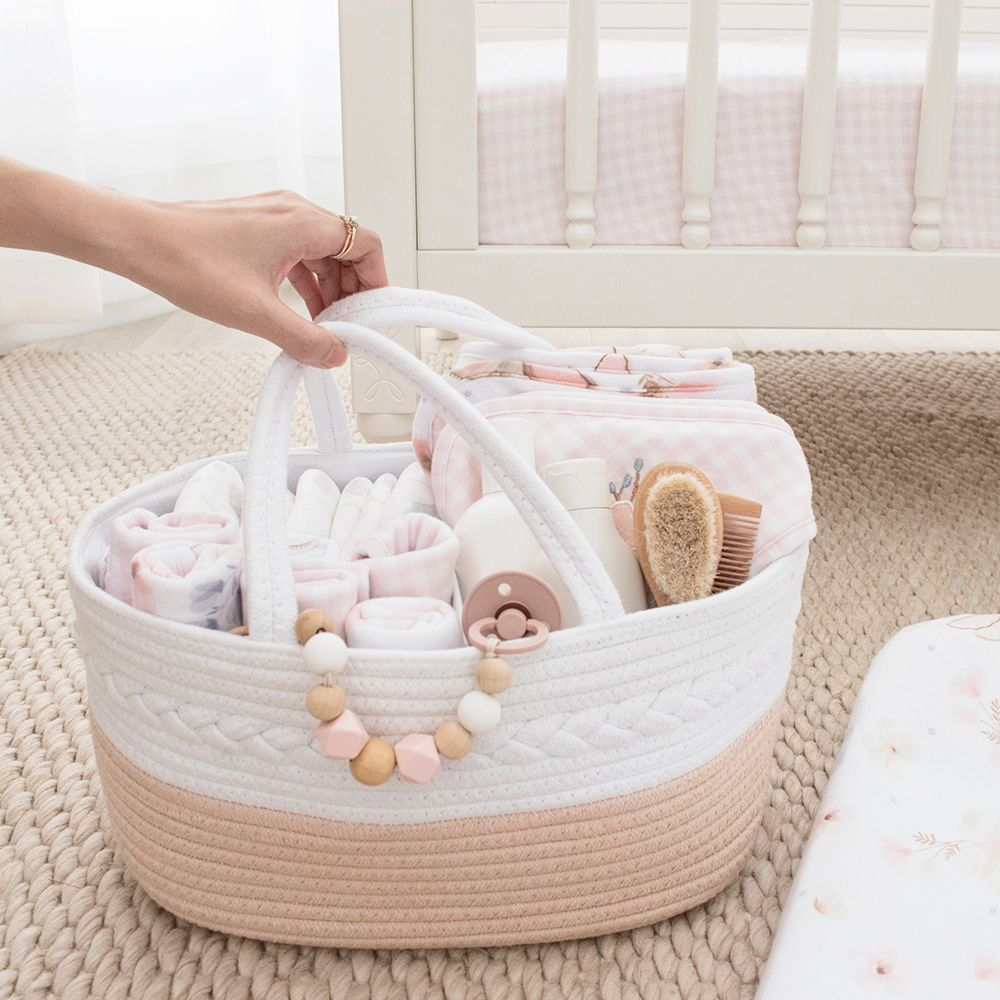 Cotton Rope Nappy Caddy With Divider - Blush/White