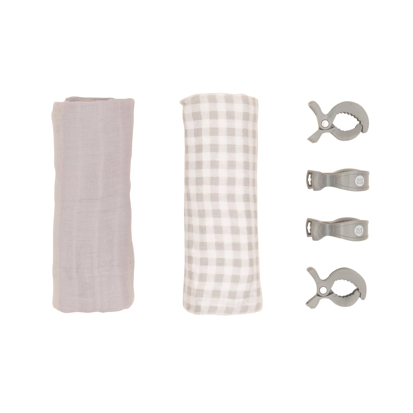 Organic Swaddles & 4pk Pram Pegs Gift Set - Gingham Grey