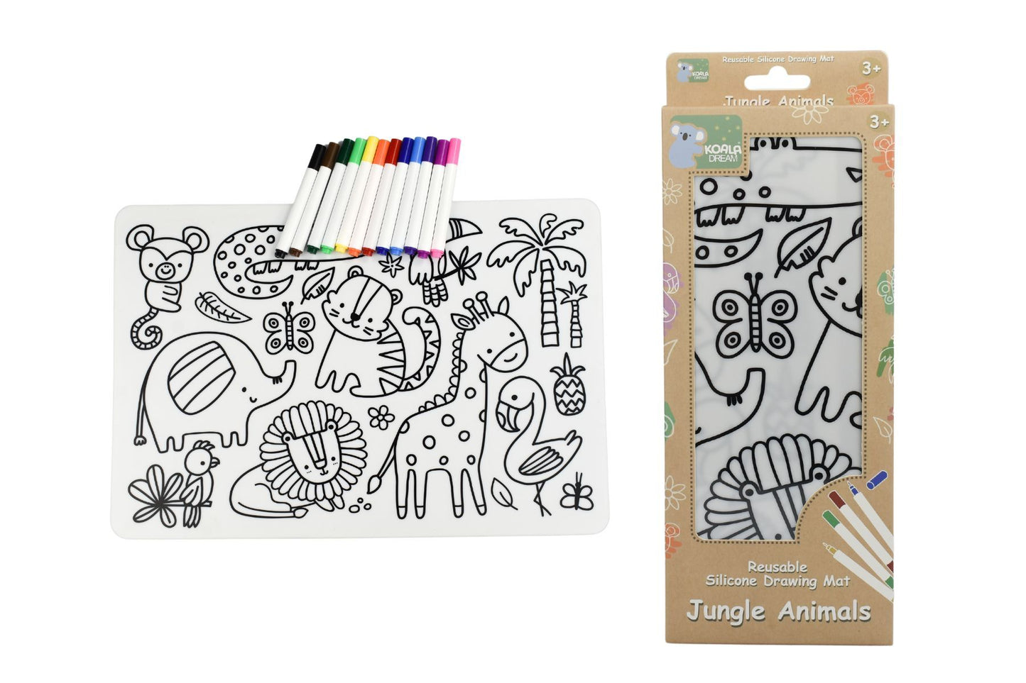 REUSABLE SILICONE DRAWING MAT & WASHABLE MARKERS SET - JUNGLE ANIMALS