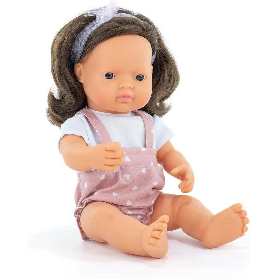 Miniland Educational My Friends & Me Baby Doll Caucasian Brunette Girl Dressed 38cm