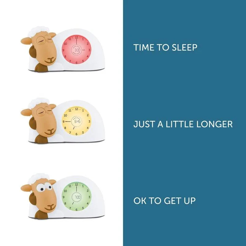 Three cartoon sheep with digital clocks on a white background with text indicating sleep progression.