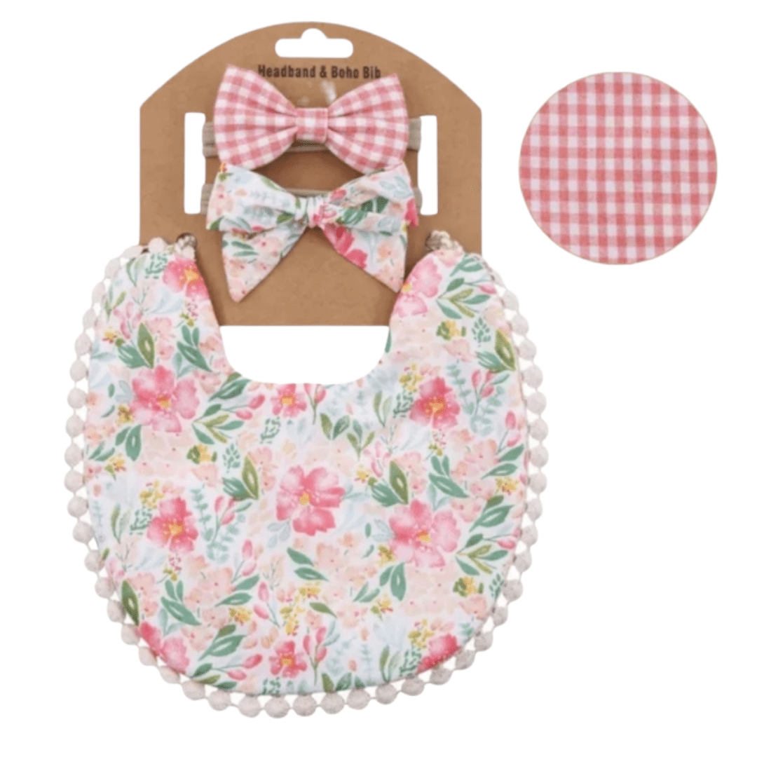 Boho Double Sided Tassel Bib & Bow Set | Pink Floral