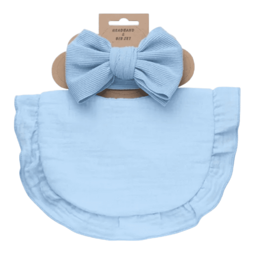 Baby Ribbed Bow & Ruffled Bib Set | Sky Blue