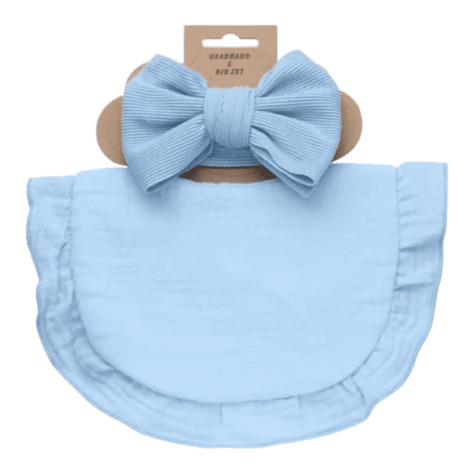 Baby Ribbed Bow & Ruffled Bib Set | Sky Blue