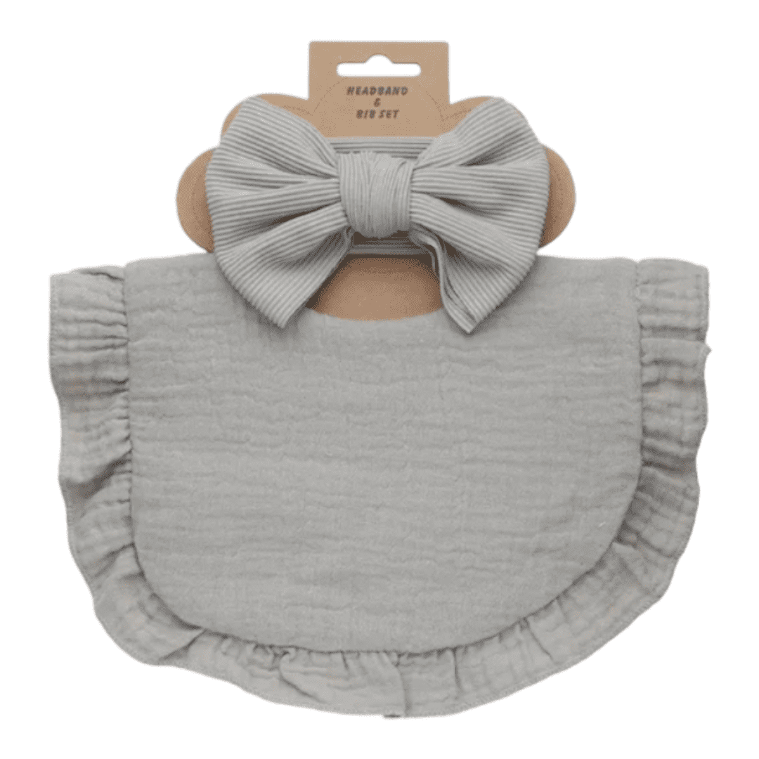Baby Ribbed Bow & Ruffled Bib Set | Grey
