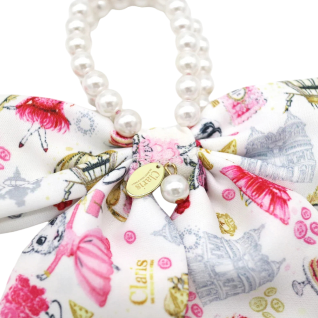 Claris In Paris Fashion Print and Pearl Hair Elastic with Bow