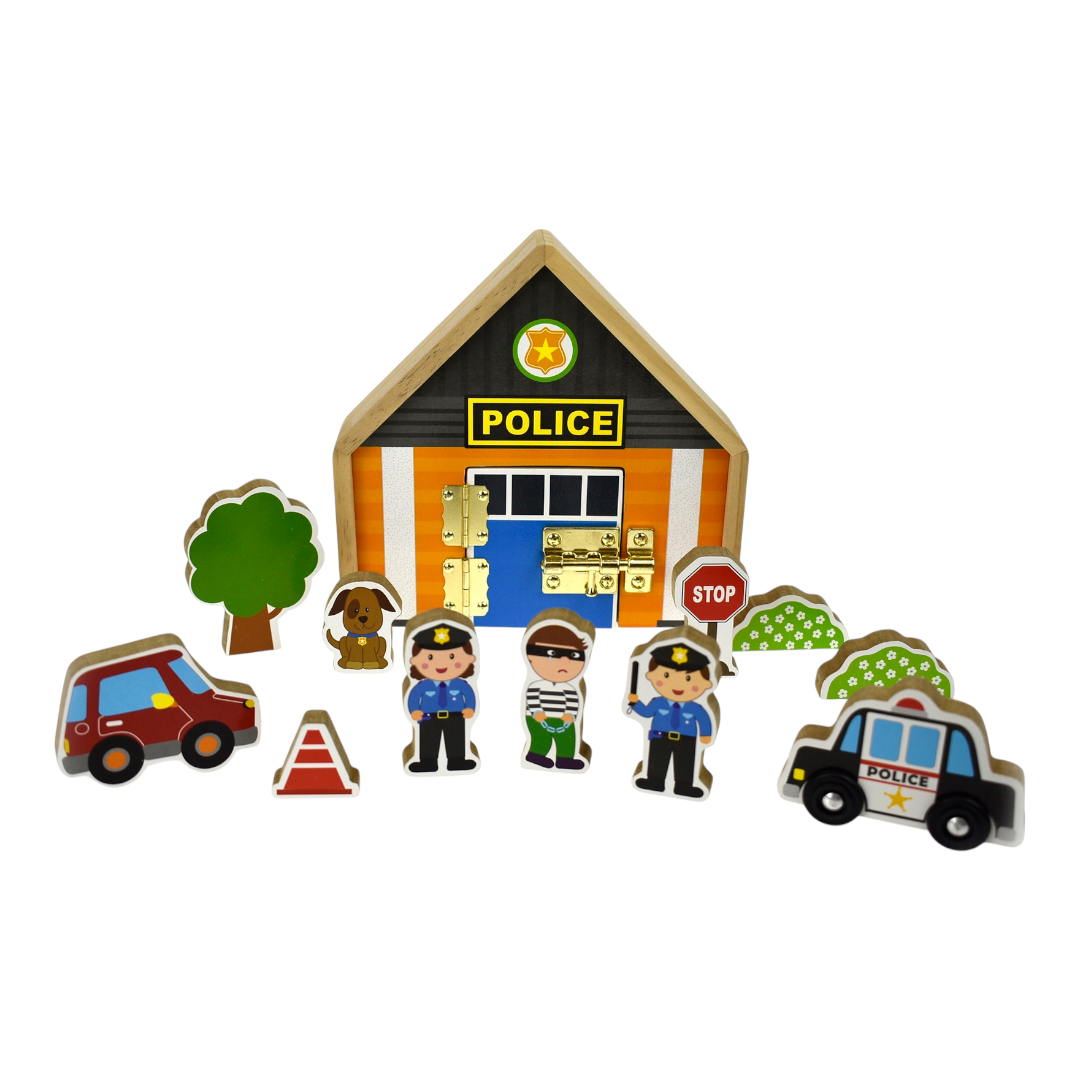 BUSY BOARD METAL LATCH WOODEN PLAYSET - POLICE