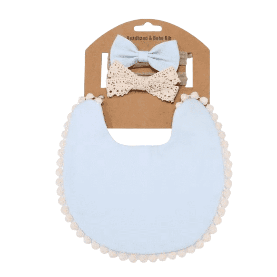 Boho Tassel Baby Bib & Bow Set | Sky Blue