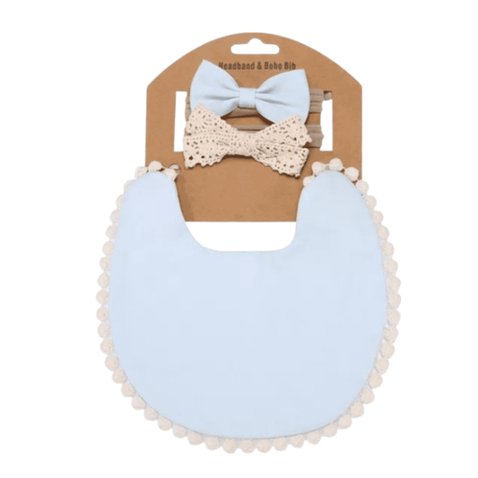 Boho Tassel Baby Bib & Bow Set | Sky Blue