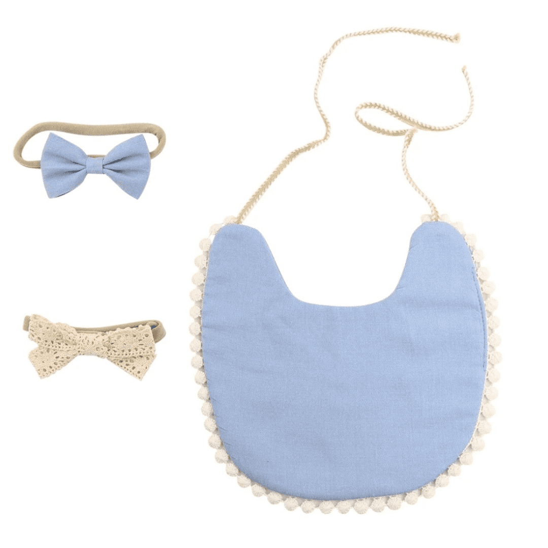 Boho Tassel Baby Bib & Bow Set | Sky Blue
