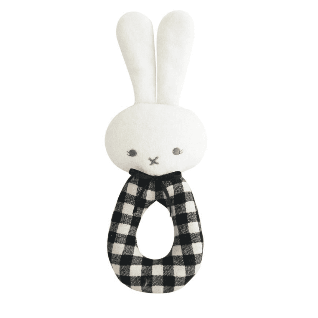 Alimrose - Bunny Grab Rattle - Black Check | Serenity Kids