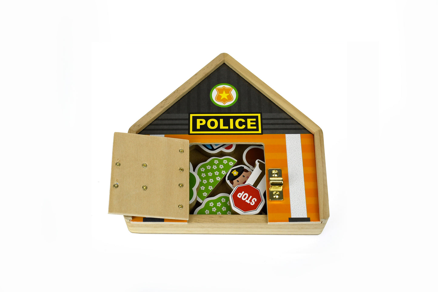 BUSY BOARD METAL LATCH WOODEN PLAYSET - POLICE