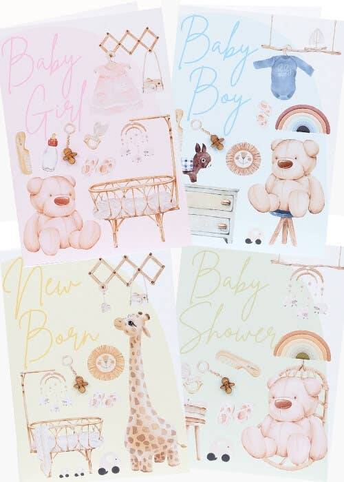 Yellow New Baby Card - Boho design with a Small Wooden Dummy