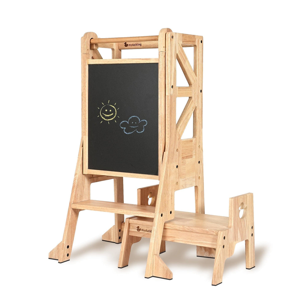 JALA Deluxe Solid Wood Adjustable Learning Tower - Flag with Duck Stool Handle