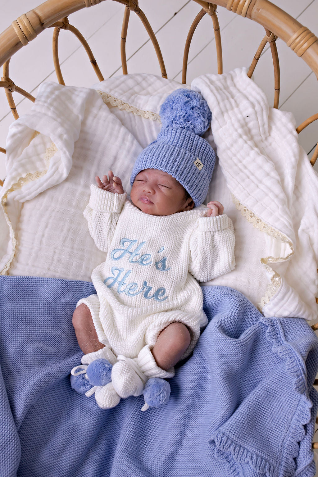 Confetti Kidz Knitted Booties | Blue Poms 0-6 Months