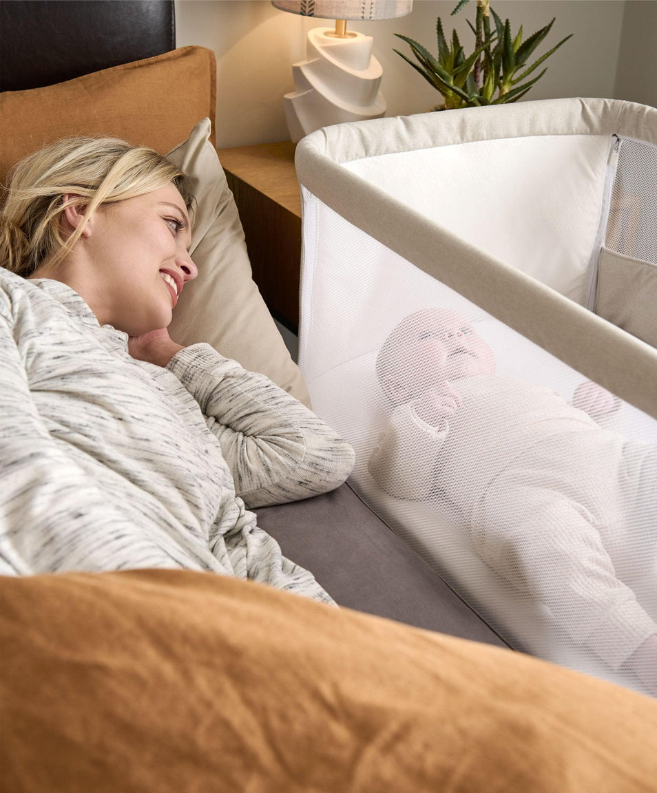Mamas & Papas Lua Bedside Crib - Beige (BONUS FITTED SHEETS & MATTRESS PROTECTOR)
