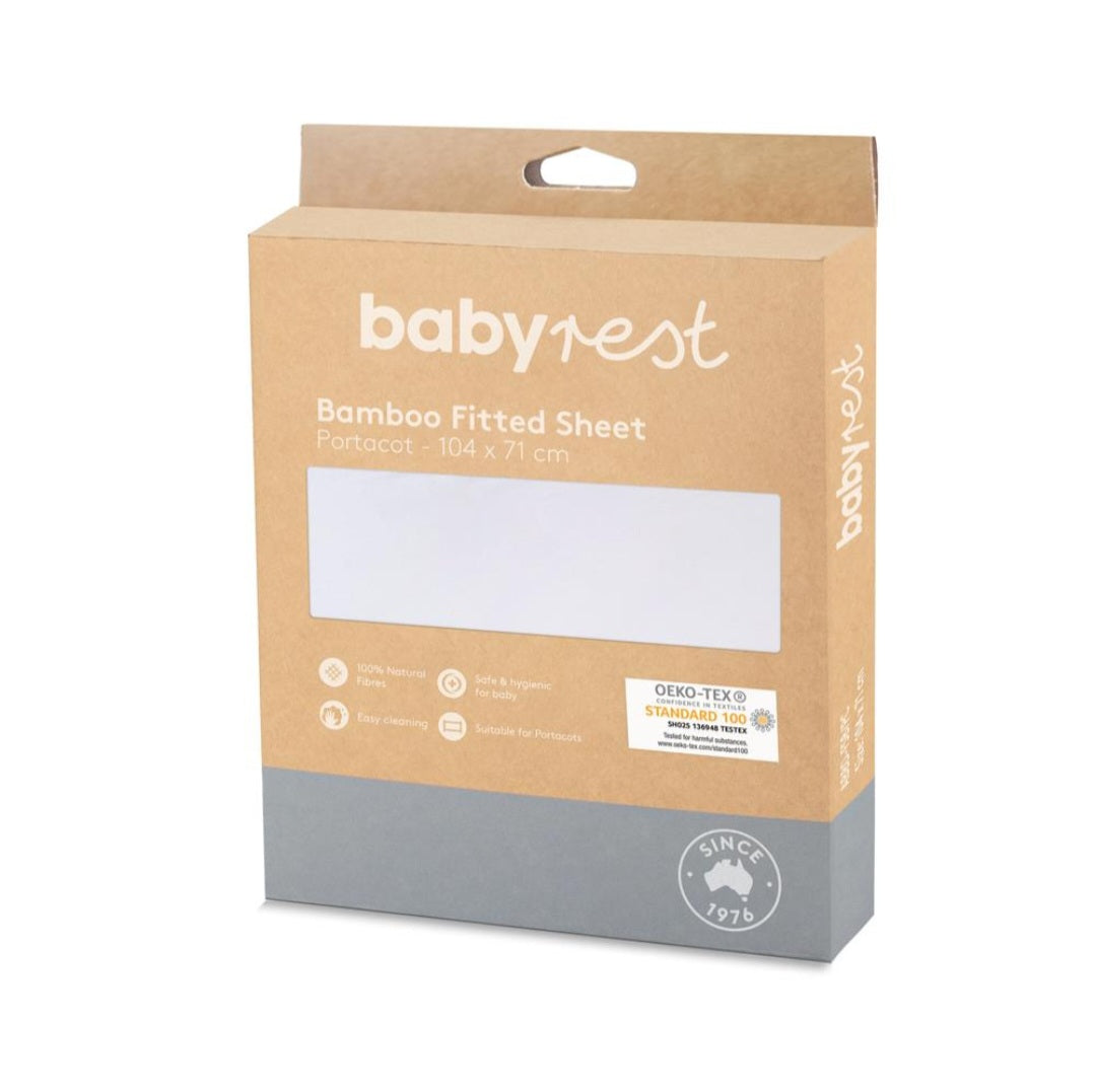 BabyRest Fitted Sheet - Bamboo. Portacot 104 x 71cm. White