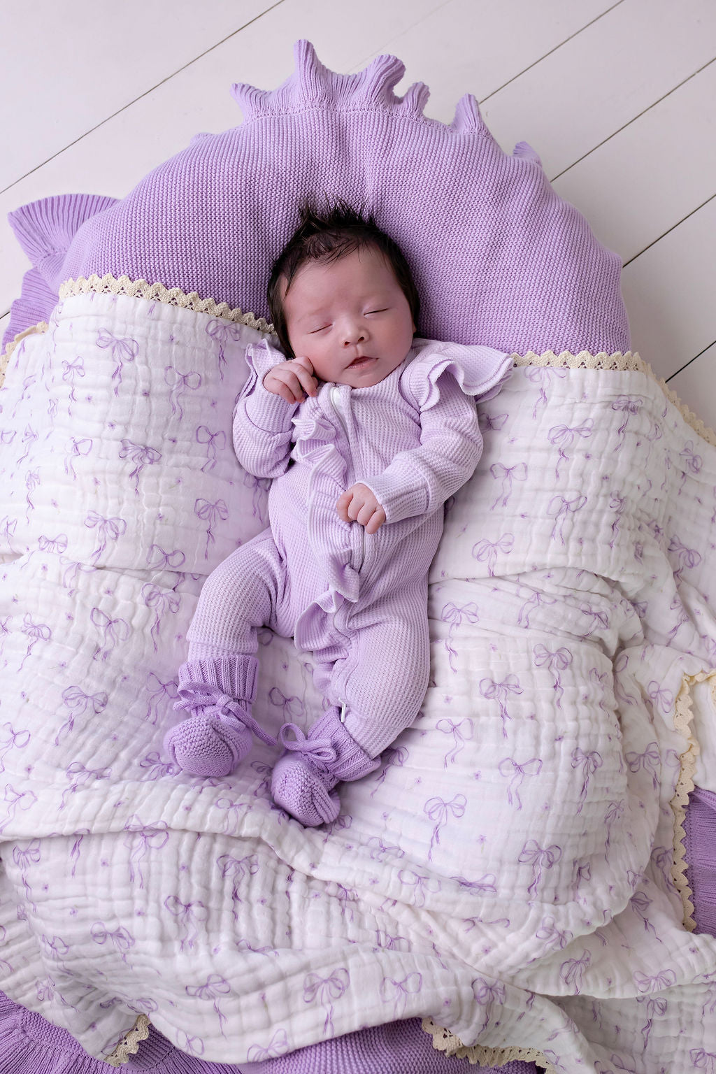Confetti Kidz Muslin Blanket with Lace Trim - Lilac Bows