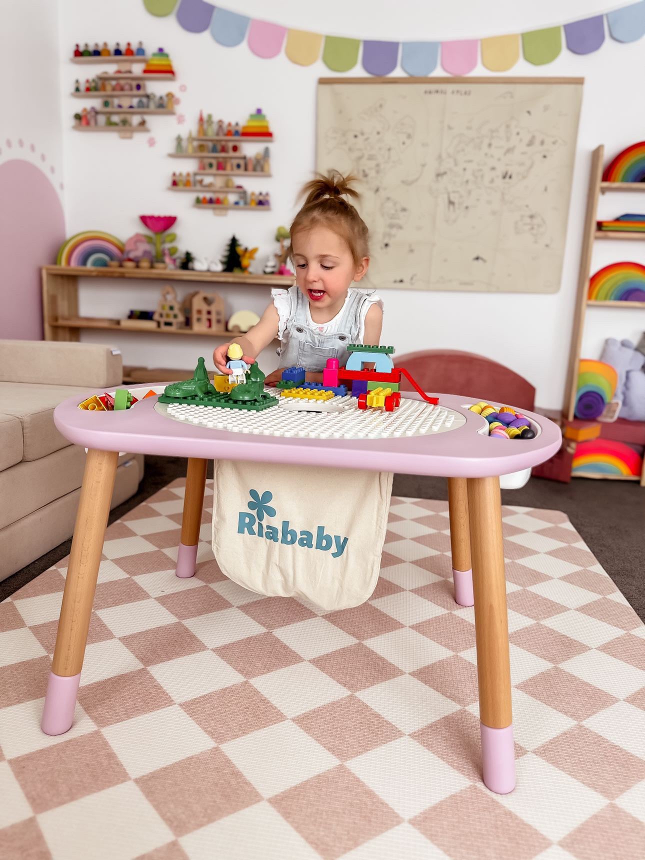 RiaBaby Play&Learn Activity Table Set with Adjustable Legs - Lego duplo compatible