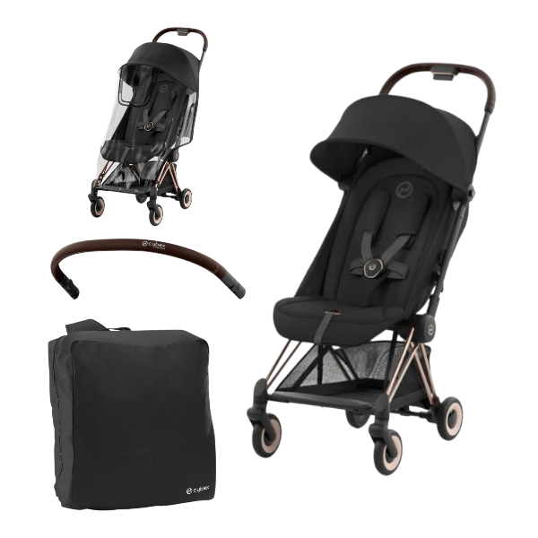 Cybex Coya Travel Stroller Rose Gold & Sepia Black Bundle With Travel Stroller Bag, Bumper Bar & Raincover