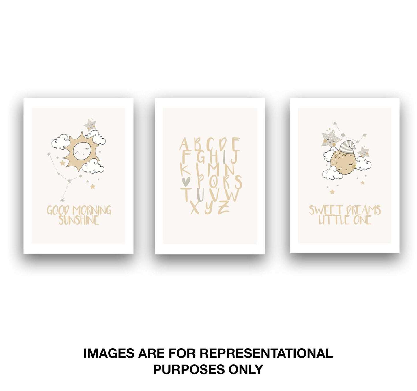 Nursery Prints - A4 - Set Of 3 - Moon Stars Alphabet