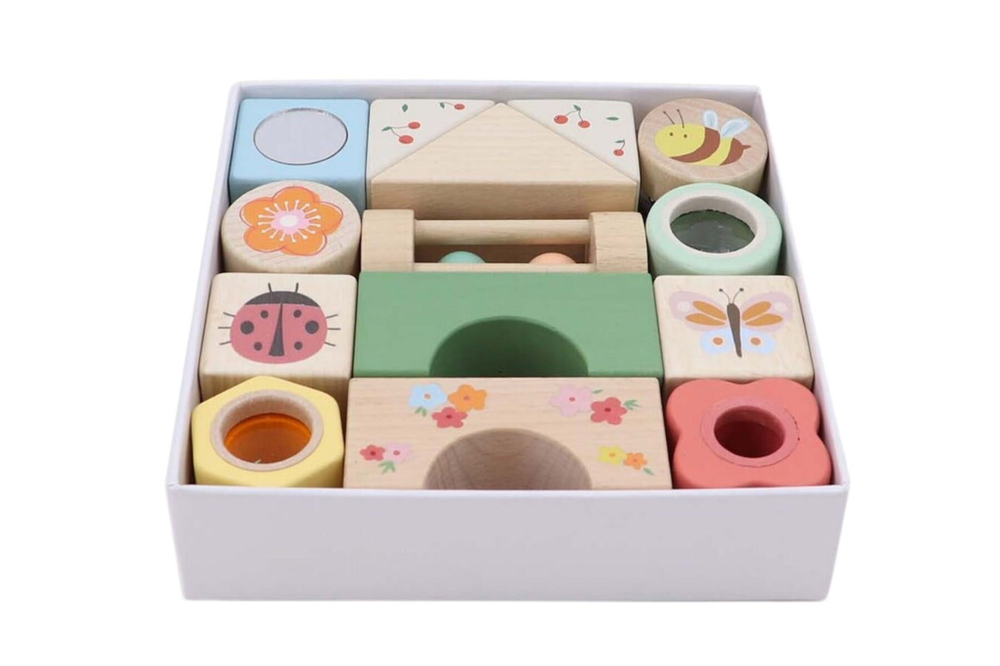 WOODEN SPRING INSECT SENSORY ACTIVITY BLOCKS 14PCS