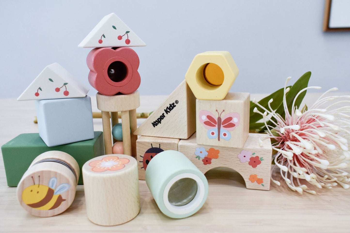 WOODEN SPRING INSECT SENSORY ACTIVITY BLOCKS 14PCS