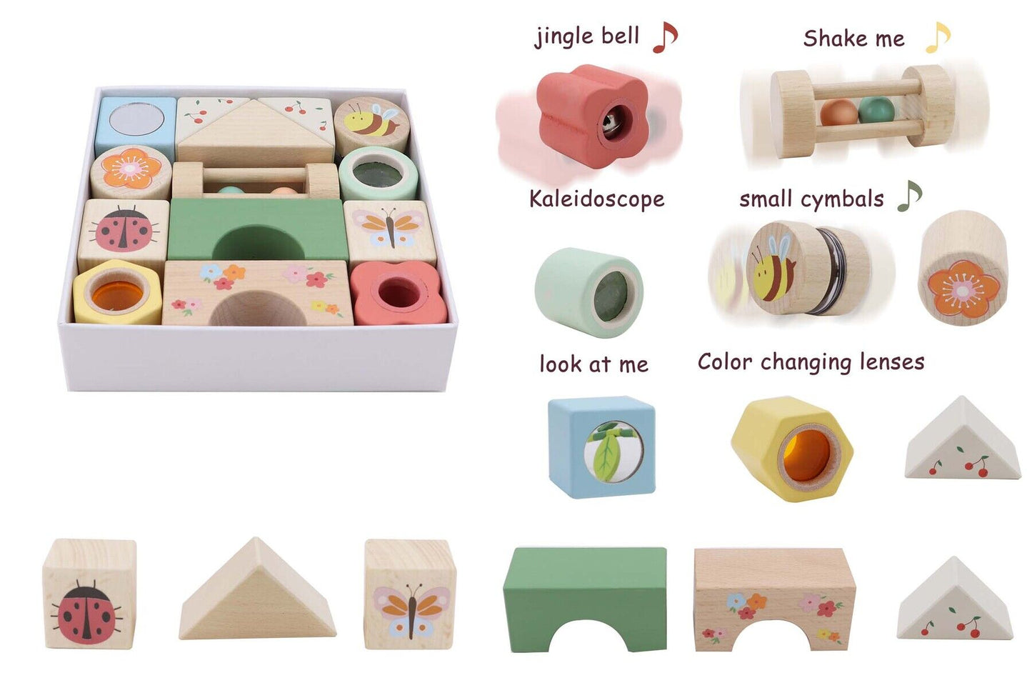 WOODEN SPRING INSECT SENSORY ACTIVITY BLOCKS 14PCS
