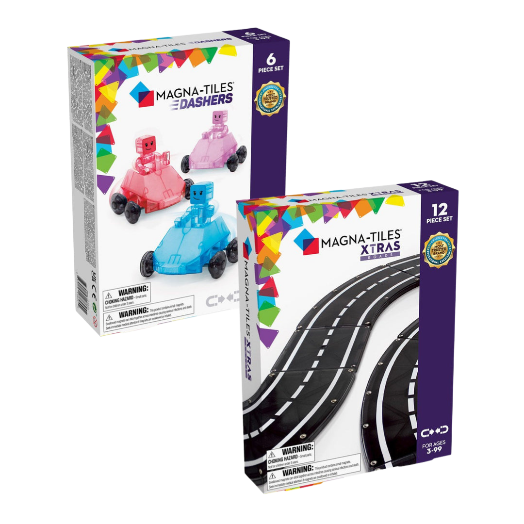 Magna-Tiles Dashers 6-Piece Set + Magna-Tiles Xtra Roads Bundle | Serenity Kids