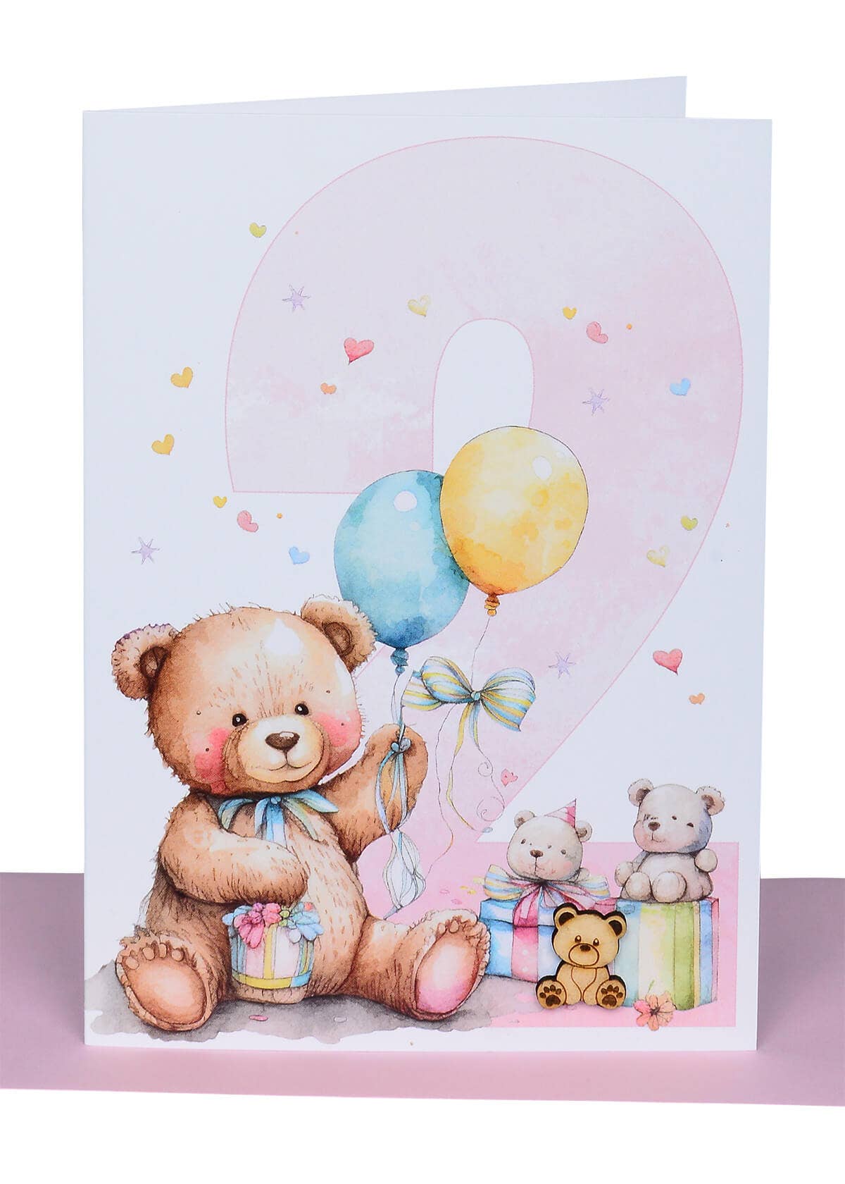 Girls Birthday Card Ages 1-6 with Wooden Teddy Bear embellishment