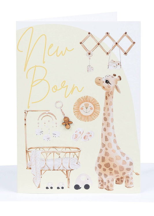 Yellow New Baby Card - Boho design with a Small Wooden Dummy