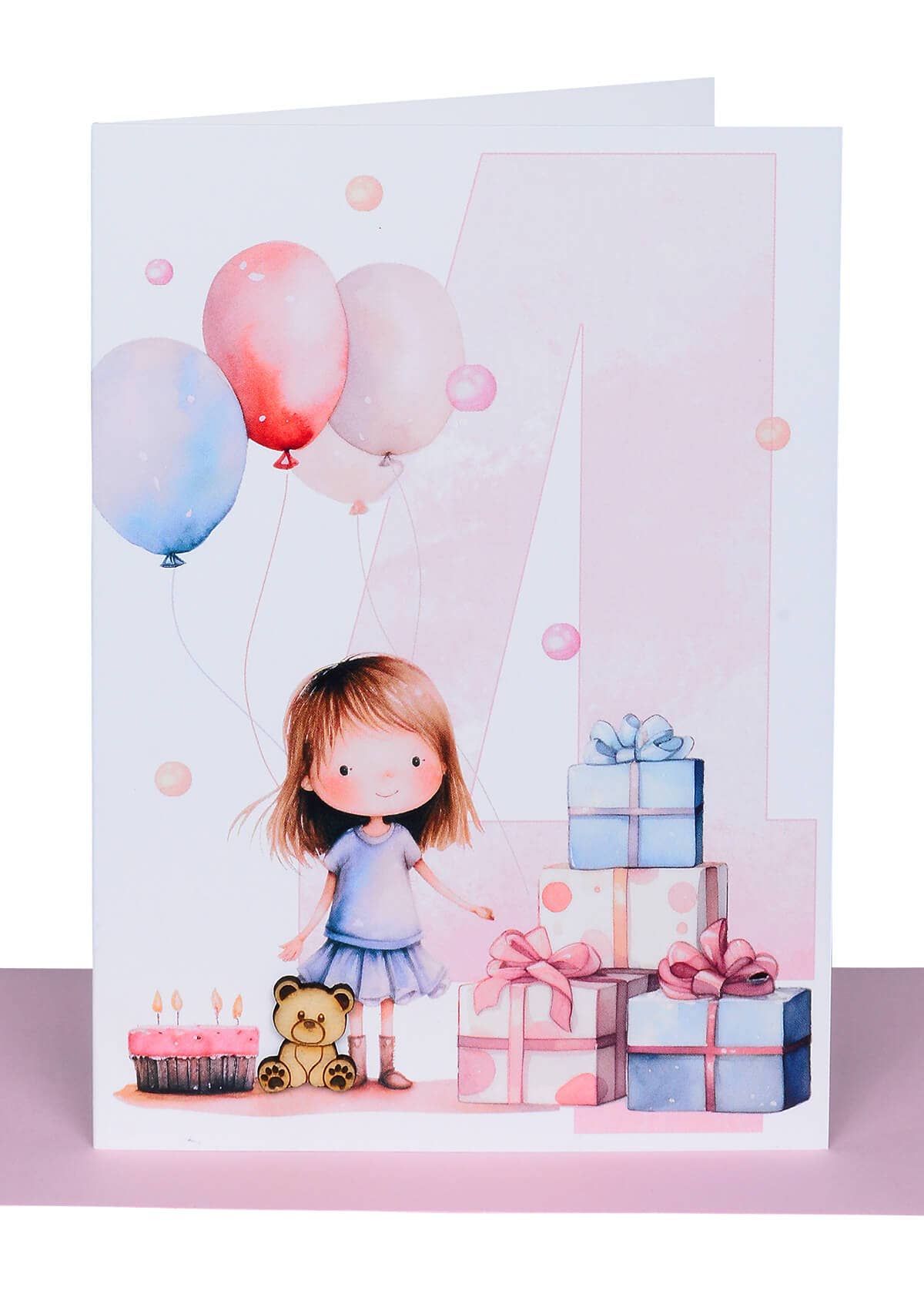 Girls Birthday Card Ages 1-6 with Wooden Teddy Bear embellishment
