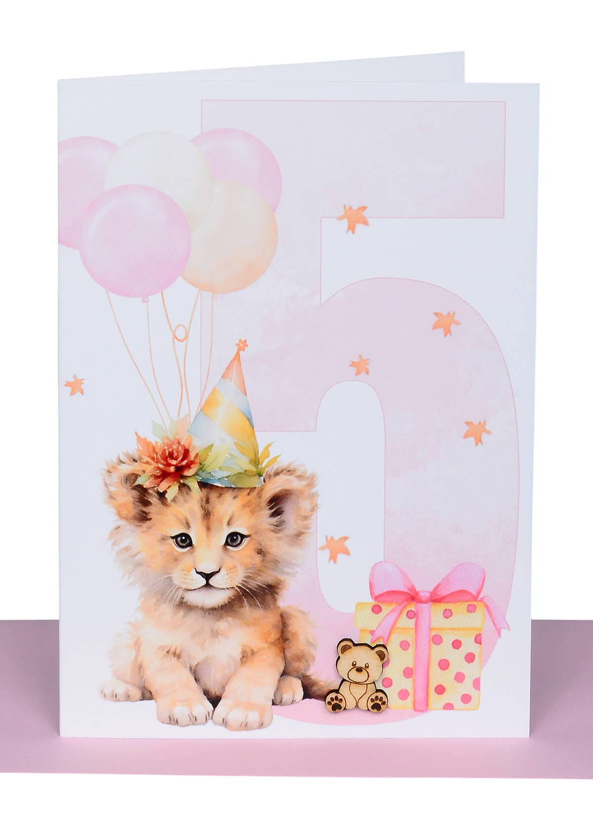Girls Birthday Card Ages 1-6 with Wooden Teddy Bear embellishment