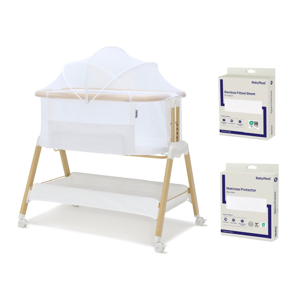 BabyRest Alfie Bedside Bassinet. White/Natural Version 2 + FREE Fitted Sheet + FREE Mattress Protector