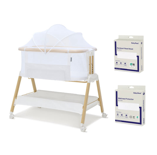 BabyRest Alfie Bedside Bassinet. White/Natural Version 2 + FREE Fitted Sheet + FREE Mattress Protector