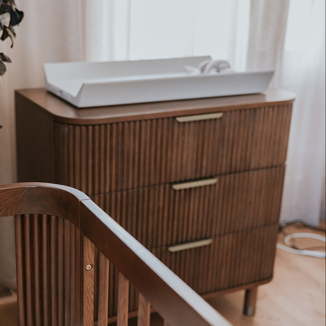 BabyRest Juno Chest - Luxe Walnut + FREE White Aster Nappy Bin