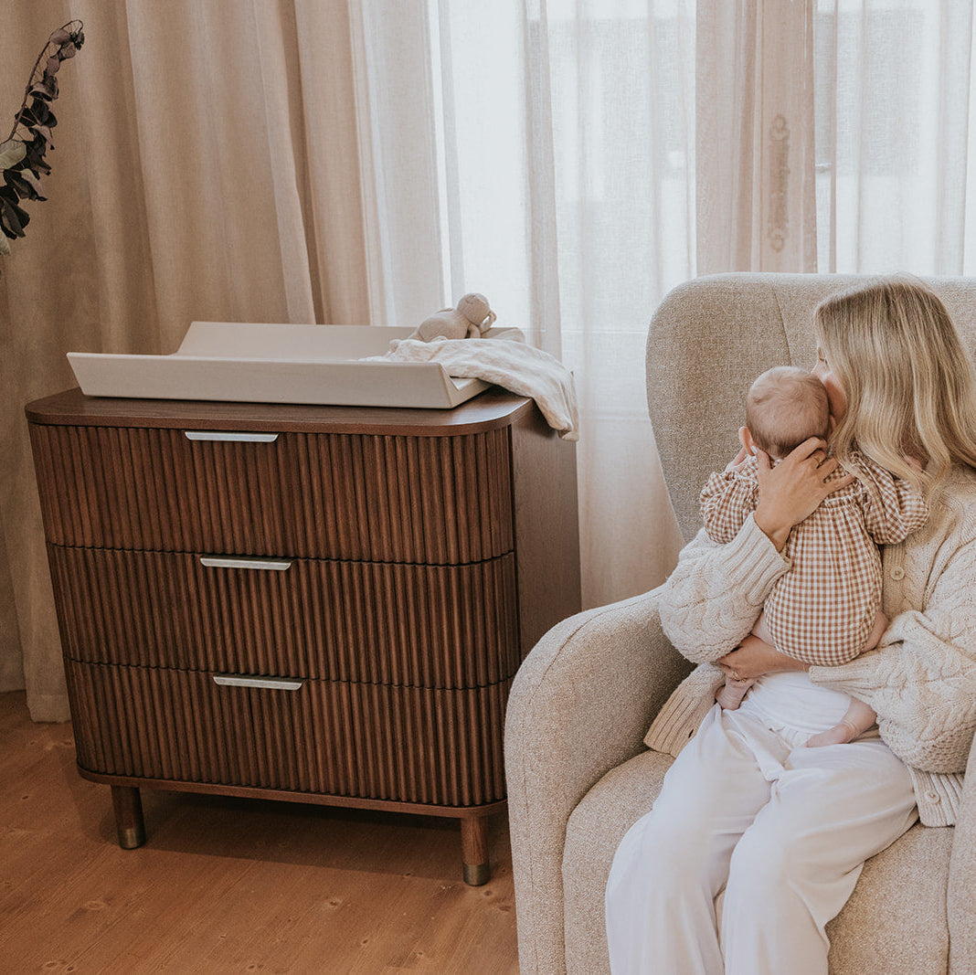 BabyRest Juno Chest - Luxe Walnut + FREE White Aster Nappy Bin
