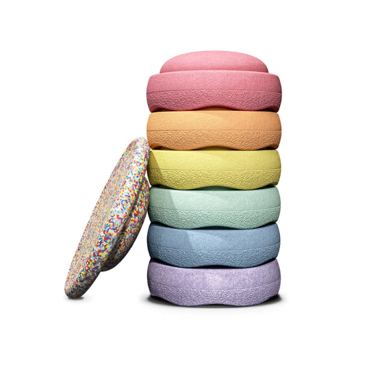 Stapelstein Balance Stepping Stones - Original + Board Combination, Set of 7, Rainbow Pastel Complete