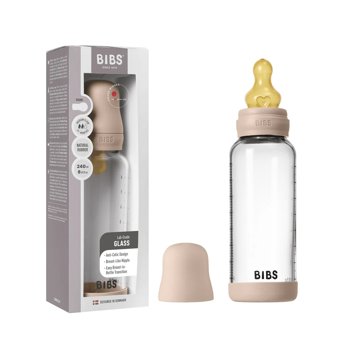 Glass Baby Bottle Complete Set 240ml Latex - Blush