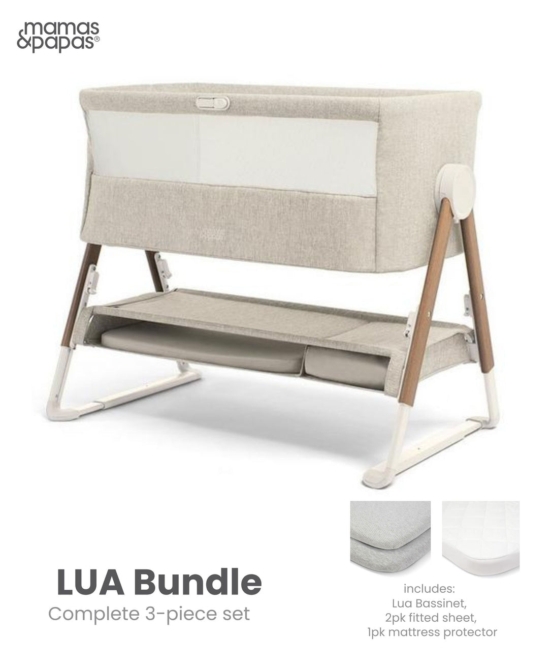 Mamas & Papas Lua Bedside Crib - Beige Free Mattress Protector & Fitted Sheet