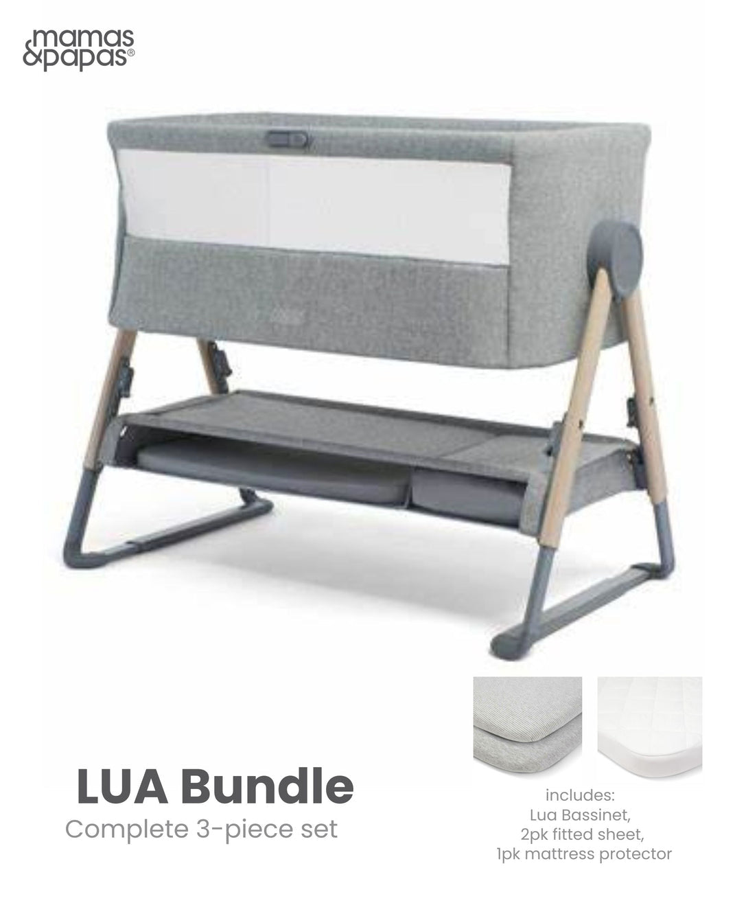 Mamas & Papas Lua Bedside Crib Bundle - GREY Free Mattress Protector & Fitted Sheet