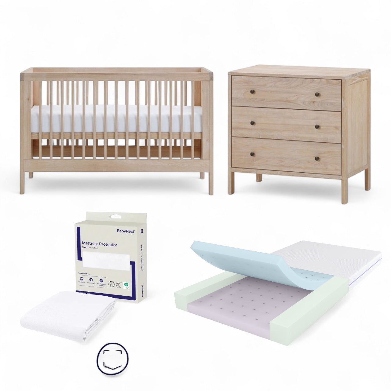 BabyRest Grove Cot, Chest, DuoCore Mattress & Waterproof Sheet Bundle + FREE NOVA CHANGE MAT & ASTER NAPPY BIN