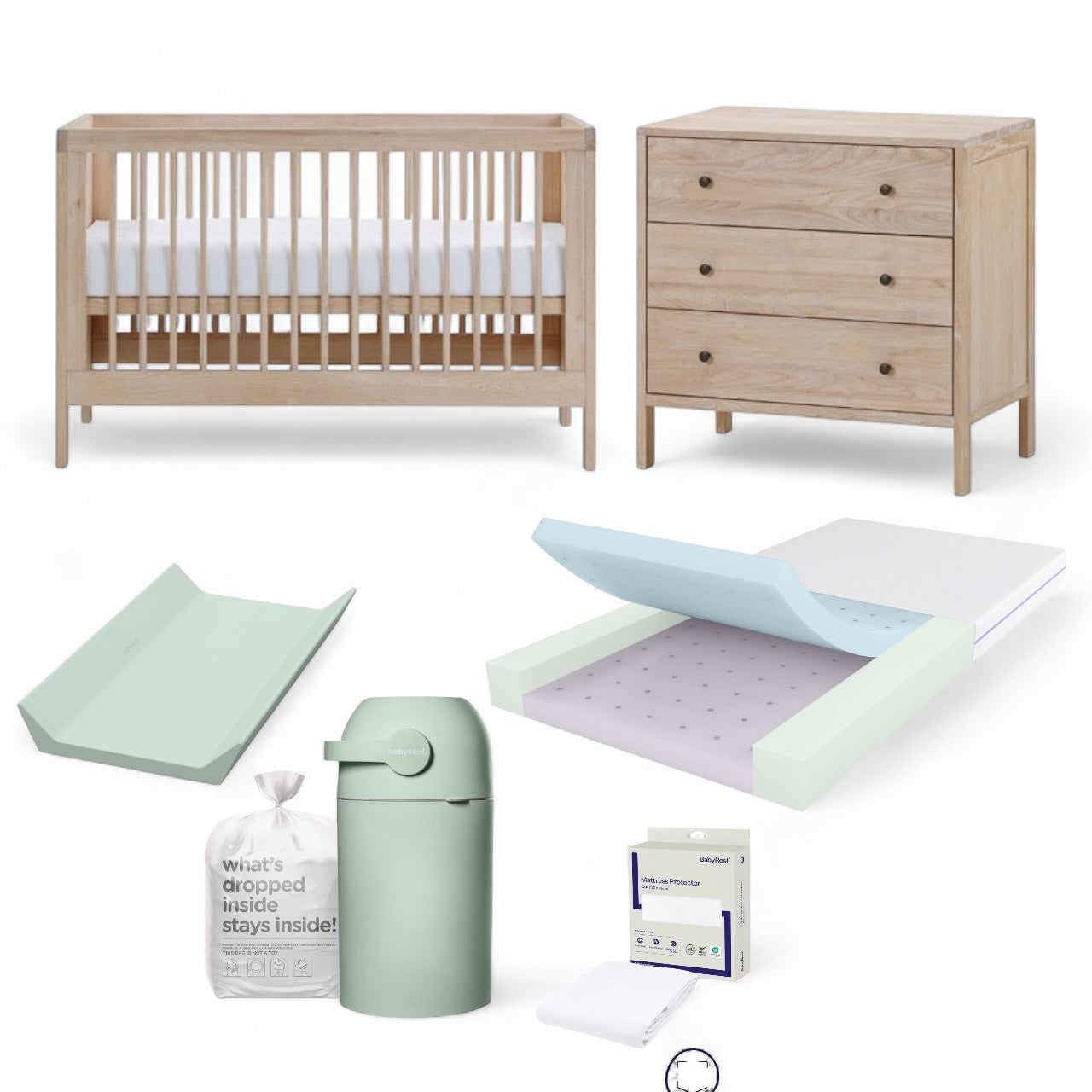 BabyRest Grove Cot, Chest, DuoCore Mattress & Waterproof Sheet Bundle + FREE NOVA CHANGE MAT & ASTER NAPPY BIN