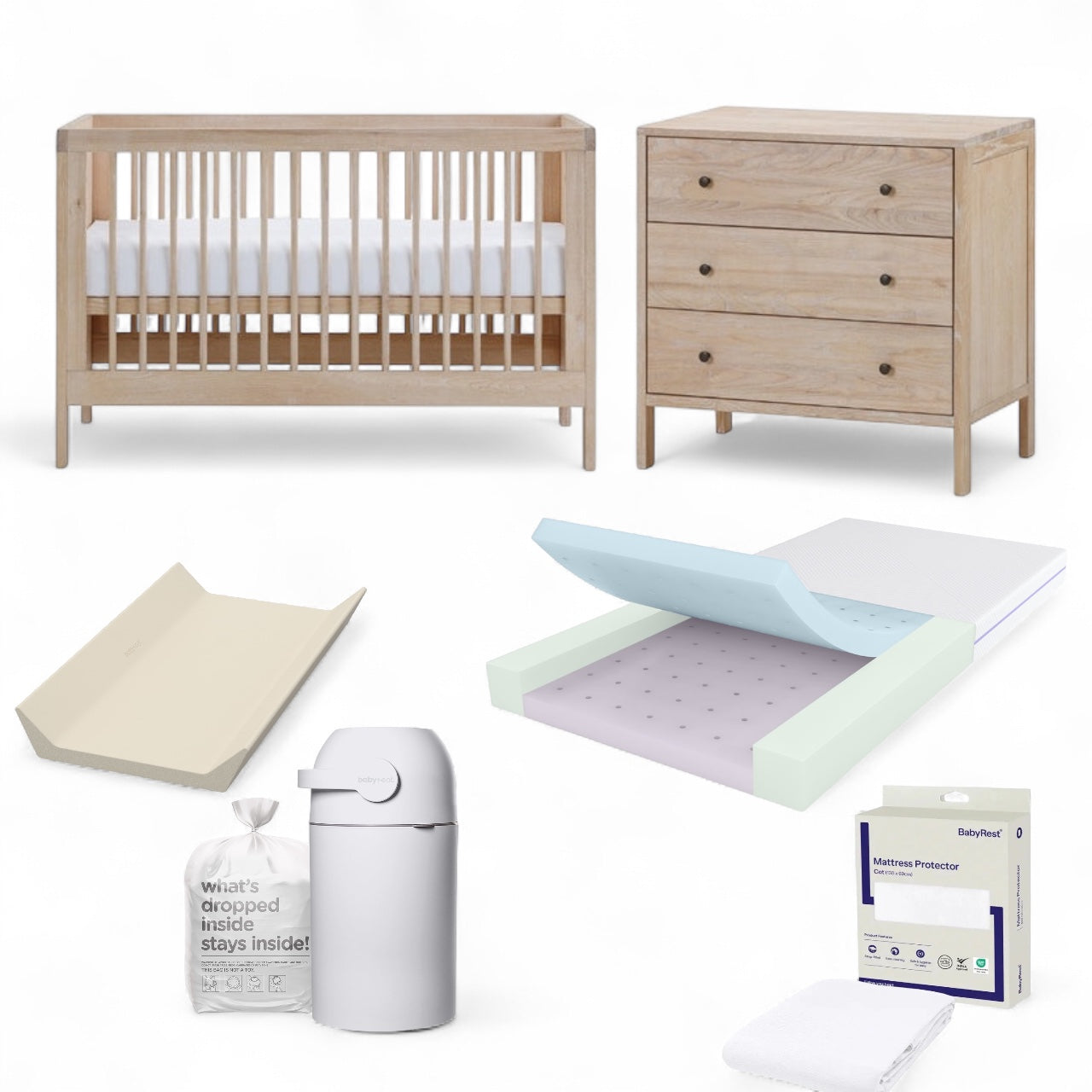 BabyRest Grove Cot, Chest, DuoCore Mattress & Waterproof Sheet Bundle + FREE NOVA CHANGE MAT & ASTER NAPPY BIN