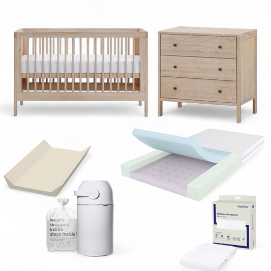 BabyRest Grove Cot, Chest, DuoCore Mattress & Waterproof Sheet Bundle + FREE NOVA CHANGE MAT & ASTER NAPPY BIN