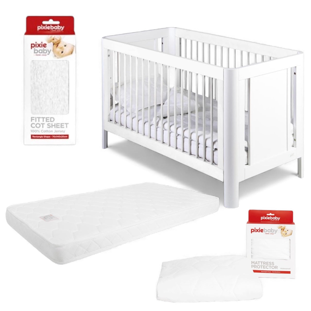 Troll Sun Cot Bundle With Pixie Mattress + Mattress Protector + Grey Sheet - White